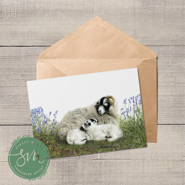 Swaledale Sheep and Lambs in Bluebells Greetings Card