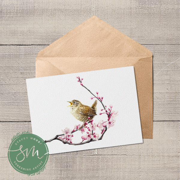 Wren on Blossom Branch Greetings Card
