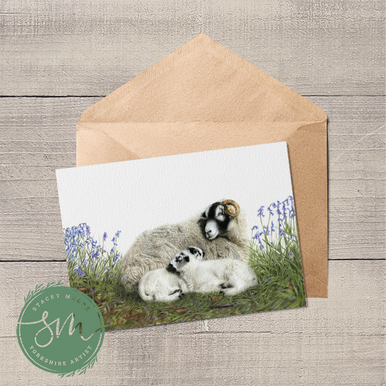 Swaledale Sheep and Lambs in Bluebells Greetings Card