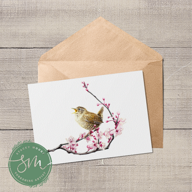 Wren on Blossom Branch Greetings Card
